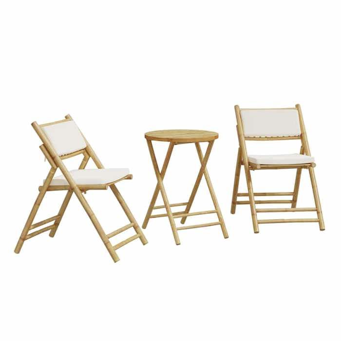 VidaXL Ensemble de bistro pliante 3 pcs et coussins blanc crème bambou, ensemble de bistro de jardin, ensemble de balcon, 365872