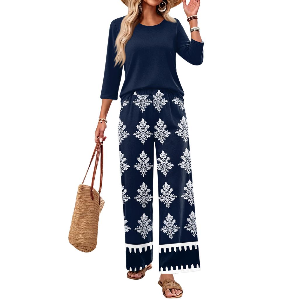 Women's Casual Fashion Round Neck Loose Fit Printed Three Quarter Sleeve Top with Wide Leg Pants Set Comfortable Two Piece Outfit