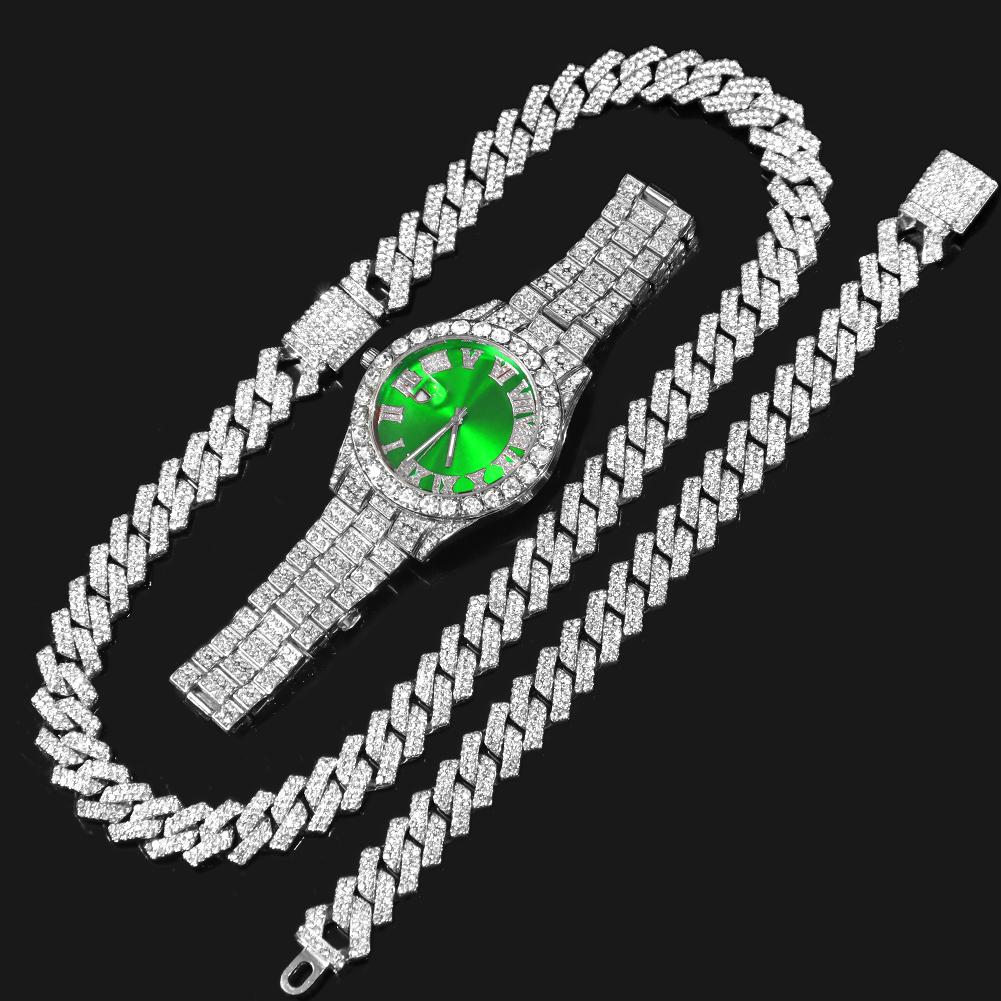 Ожерелье + часы + браслет Iced Out часы для мужчин хип-хоп 14 мм зубец кубинская цепочка рэпер кубинские ожерелья набор панк-вечеринка ювелирные изделия подарок