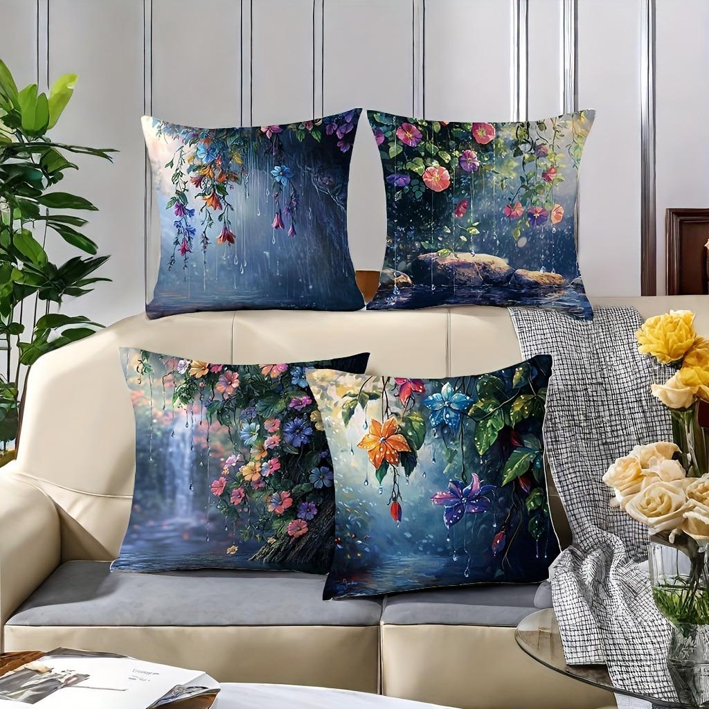 Enchanted Rainforest Floral Pillowcase: Lush Waterfall & Flower Pattern Cushion Cover For Magical Sofa Bedroom Home Decor