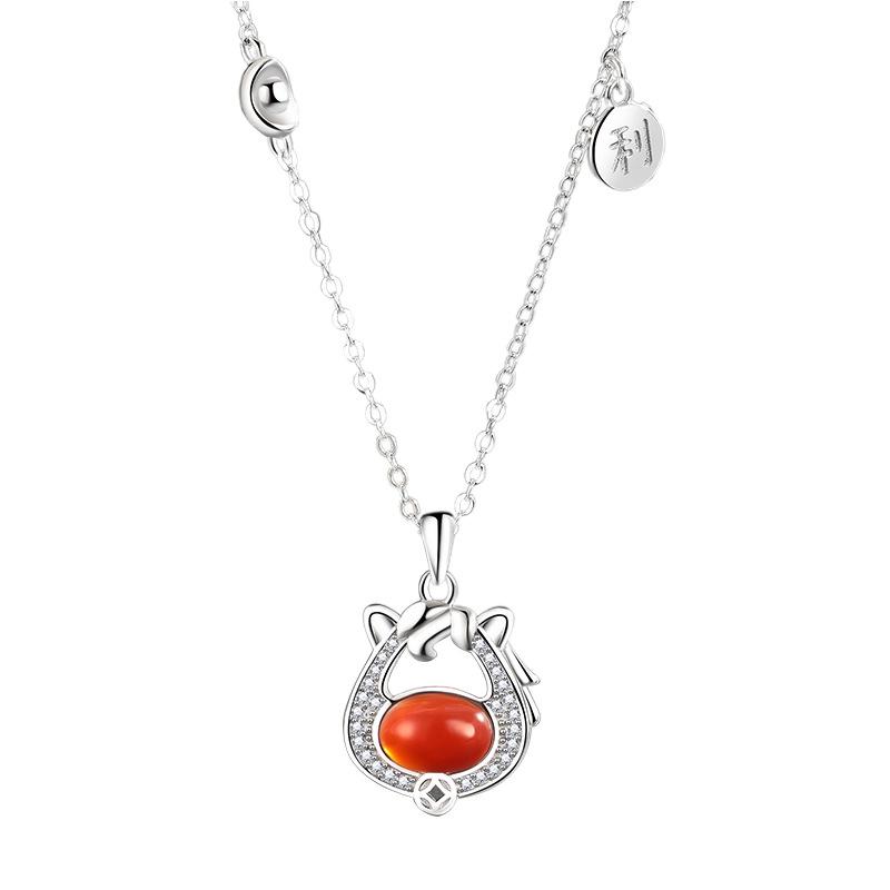 Red Agate Zodiac Horse Necklace for Women - Sterling Silver, Chinese Style 'Immediate Wealth' Charm