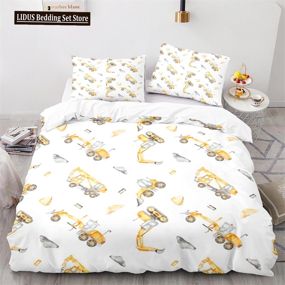 Комплект пододеяльника Digger Мультяшный Грузовик Тяжелой Техники Кран Бетономешалка Экскаватор Трактор Узор Для Ребенка Подростка Полиэстеровый Постельный Комплект