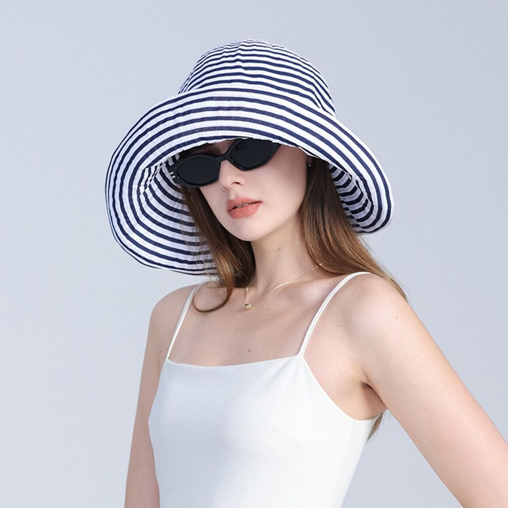Anti-UV Summer Sun Hats Foldable Sun Protection Cap Casual Stripe Bucket Hat Travel