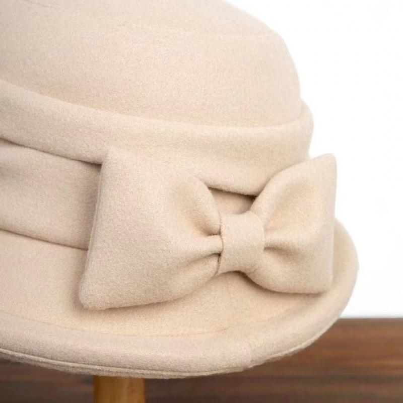 Temperament bow wool Hepburn top hat celebrity retro elegant French autumn and winter basin hat bucket hat felt hat