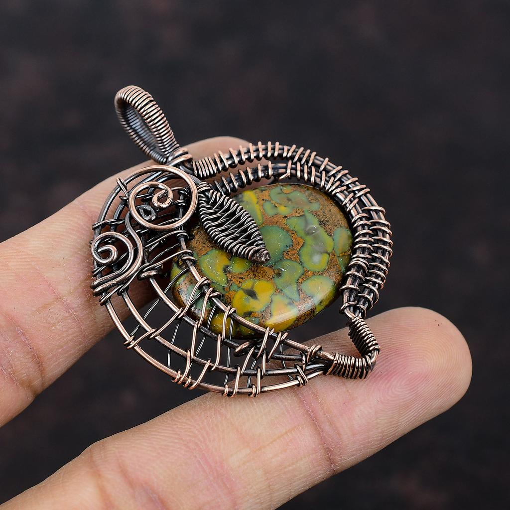 Подвеска из фруктовой яшмы, обернутая медной проволокой, кулон из меди, ювелирное изделие ручной работы, подвеска из драгоценных камней, обернутая проволокой, ювелирное изделие из фруктовой яшмы, подарок на помолвку