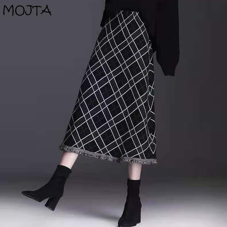 Женская осенне-зимняя вязаная юбка средней длины с кисточками и высокой талией, клетчатая юбка