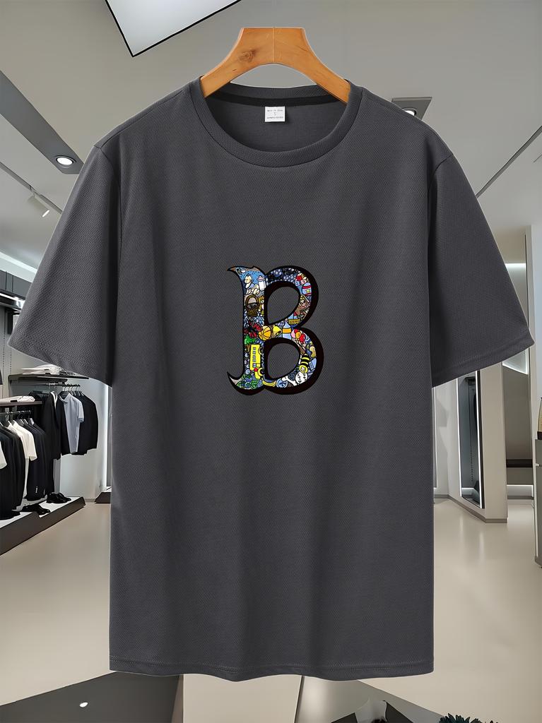 Breathable Mesh Short-Sleeve T-shirt with Colorful "B" Print - Lightweight Summer Athletic & Casual Tee