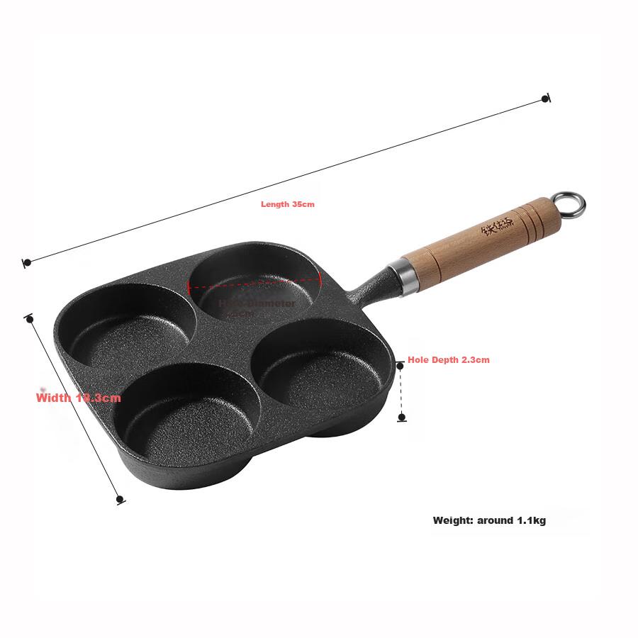 Telssida Cast Iron Four-Hole Egg Pan, Burger Mold, Breakfast Pan, Non-Coated Egg Waffle Pan, Mini Flat Non-Stick Pan