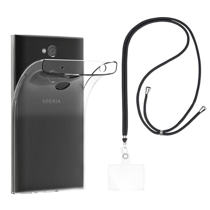 Coque et tour de cou pour Xperia L2 - TPU Souple Transparent Cordon Noir réglable Phonillico®