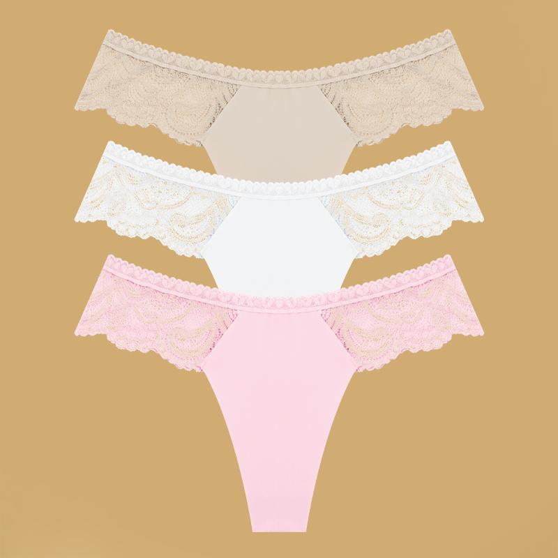 3Pcs Seamless Stretch Thongs Women Comfort Patchwork Lace Panties Female Low-Waist G-string High Quality Floral Soft Lingerie