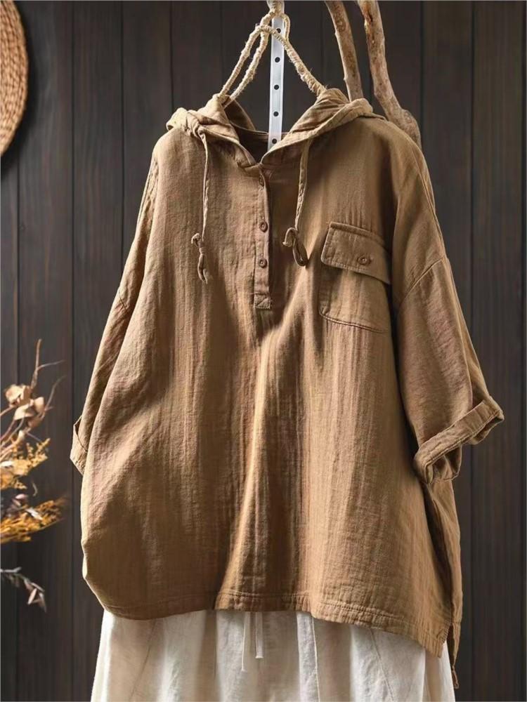 Johnature Women Casual Hooded T-Shirts Solid Color Short Sleeve Summer Pockets Soft Button Female T-Shirts