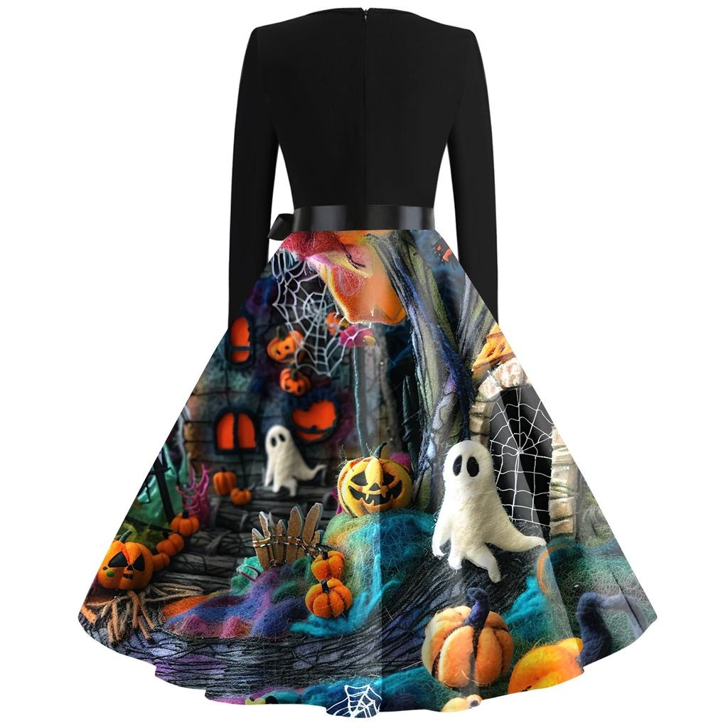Женское повседневное модное платье винтажного стиля с квадратным вырезом и принтом на Хэллоуин