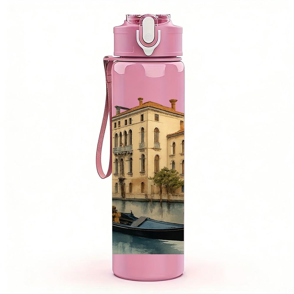 1PC Venice Canal Vintage Watercolor 750ml Color Plastic Sports Water Bottle Leakproof Flip Straw Lid For Sports Office Home Use