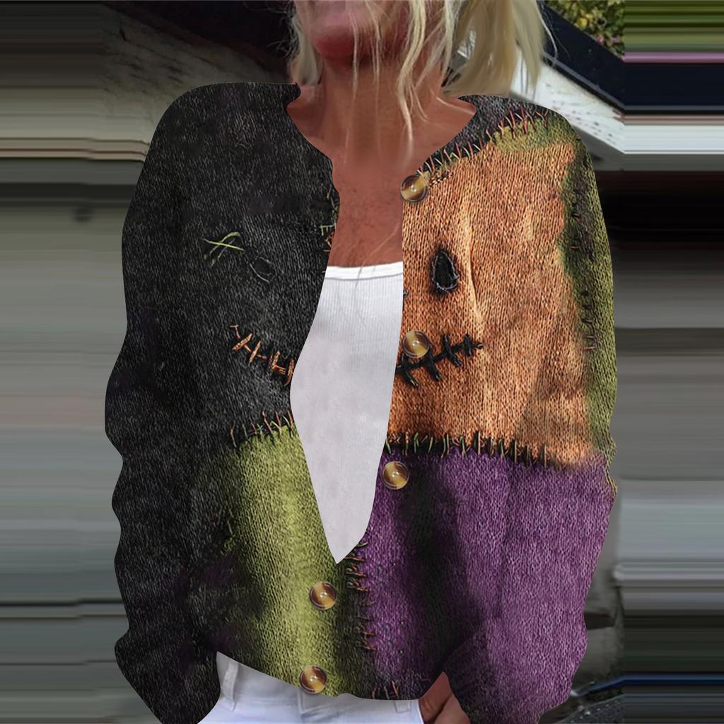 Women's Fashion Printed Long Sleeve Knitted Cardigan Button Down Jacket