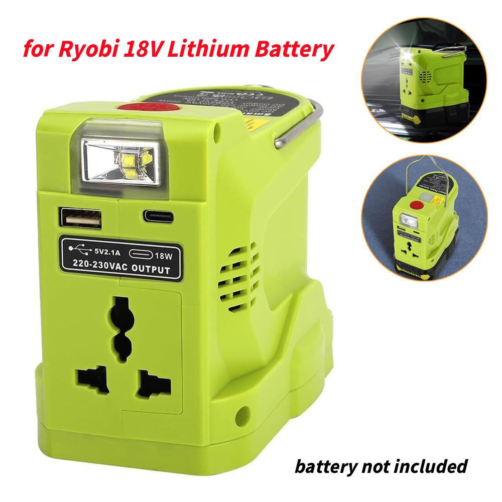 Портативный инвертор 200 Вт для литиевой батареи Ryobi 18 В, генератор с USB Type-c, светодиодная лампа 280 лм, розетка переменного тока