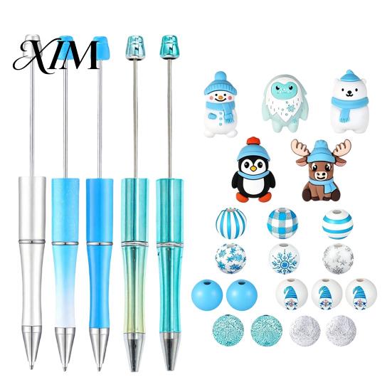 DIY Christmas Cultural Gifts 5PCS Beadable Pens Set, Silicone Dolls And Fun Office Desk Ornaments Colorful Beads Decor, Decorative Stationery