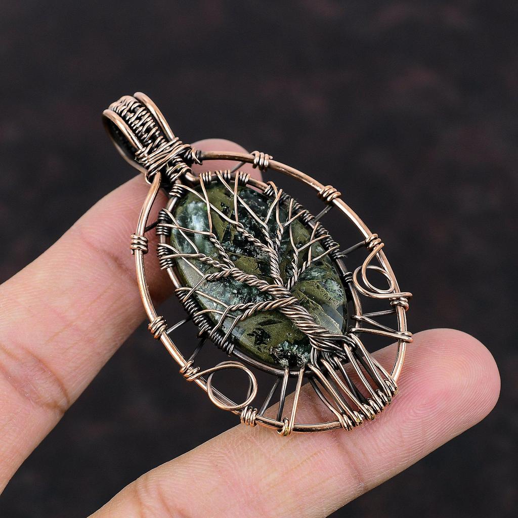 Tree Of Life Copper Seraphinite Pendant Copper Wire Wrapped Pendant Handmade Jewelry Gemstone Pendant Antique Copper Jewelry Engagement Gift