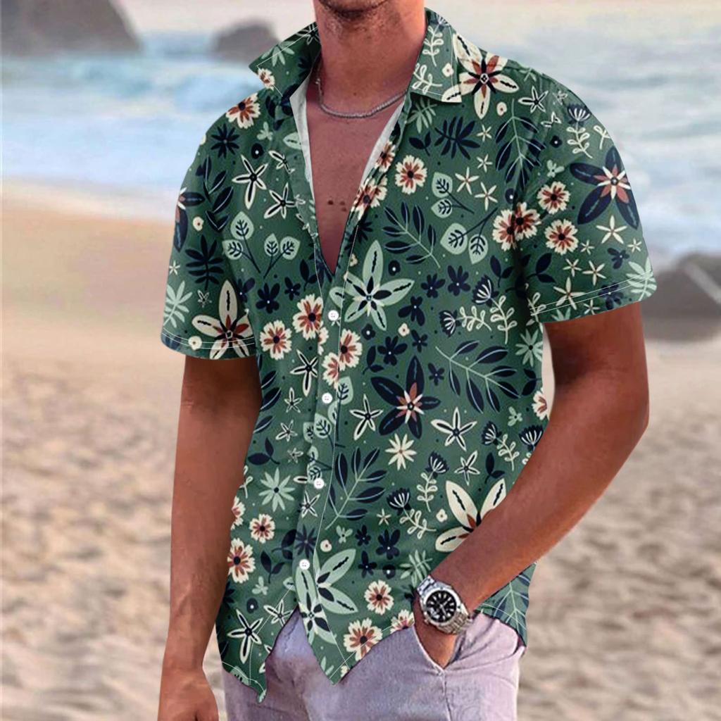Men's Summer New Loose Print Short Sleeve Shirt Cardigan Beach Shirt