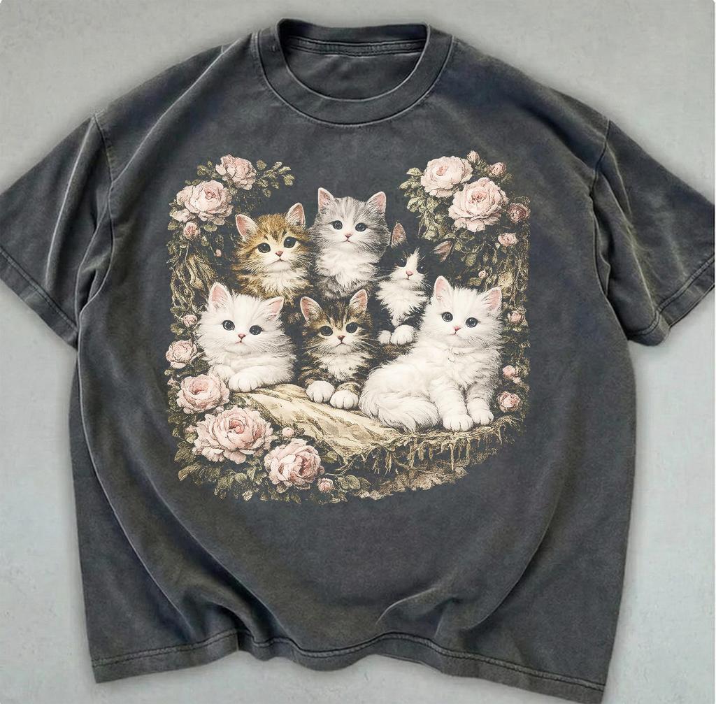 Retro Floral Kitten Shirt, Vintage Cottagecore Cat Graphic Tee
