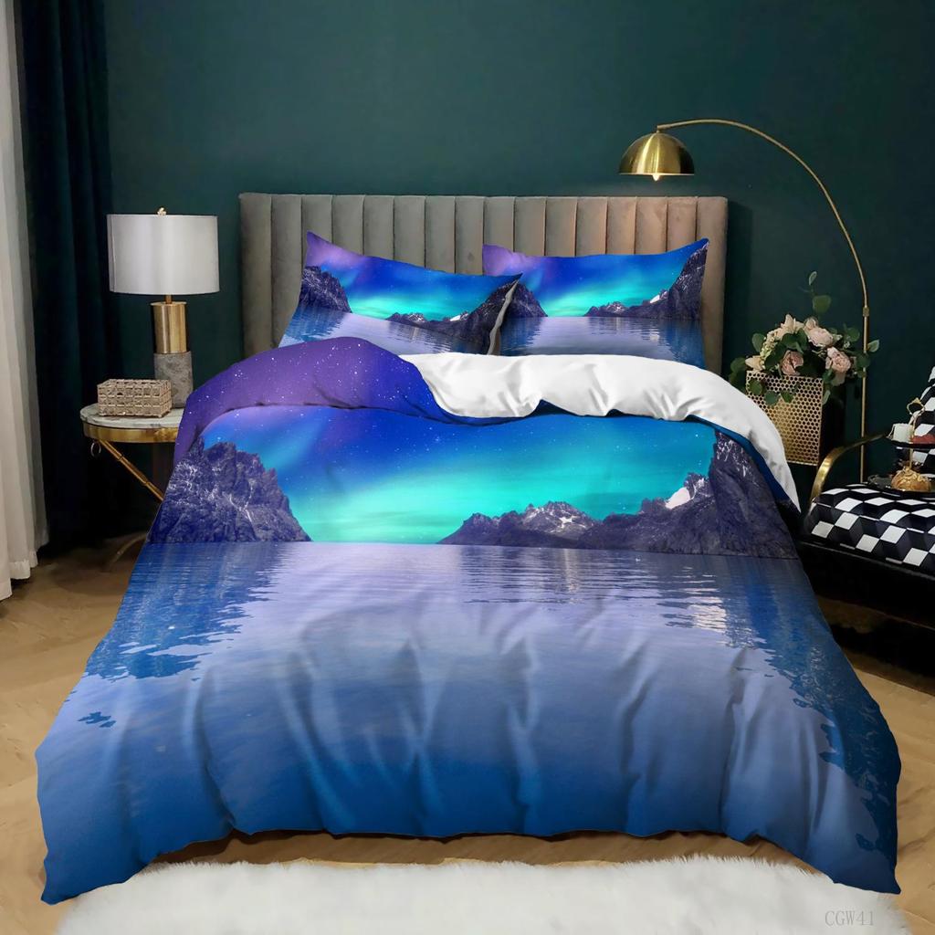 Aurora Borealis Полиэстер Пододеяльник Комплект Дерево Под Магнитным Полем Природы с Северным Сиянием Пейзаж Картина King Size