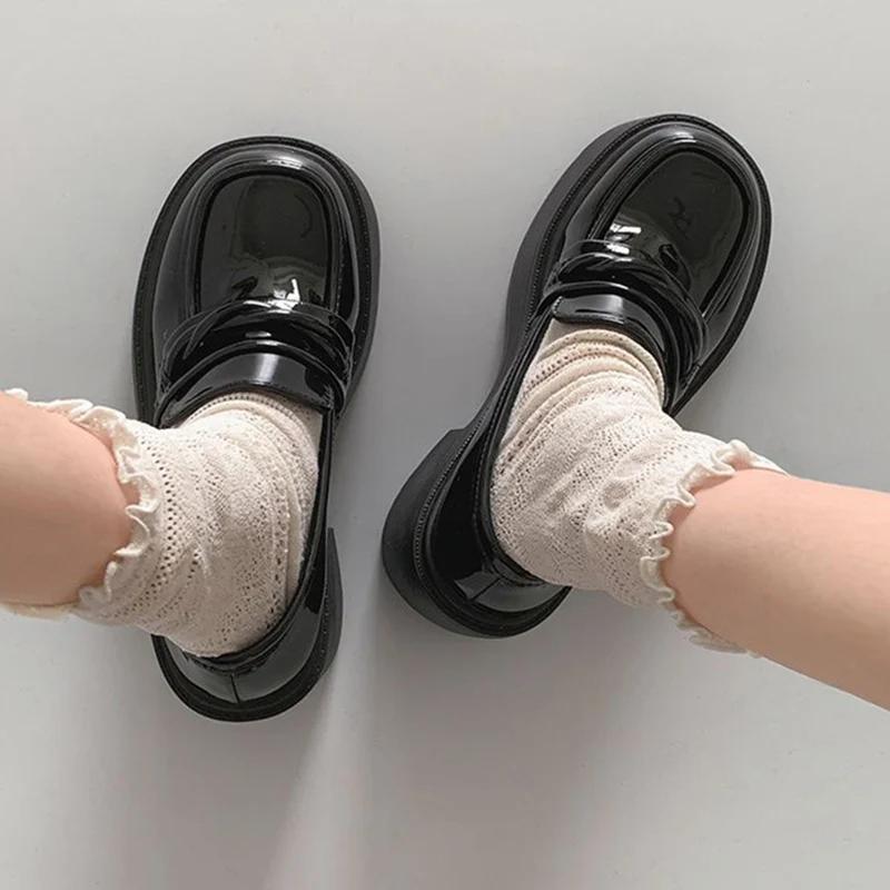 Туфли на высоком каблуке для женщин 2024 года, лакированные кожаные туфли на толстой платформе, женские туфли-лоферы Jk Lolita, женские повседневные туфли-лоферы