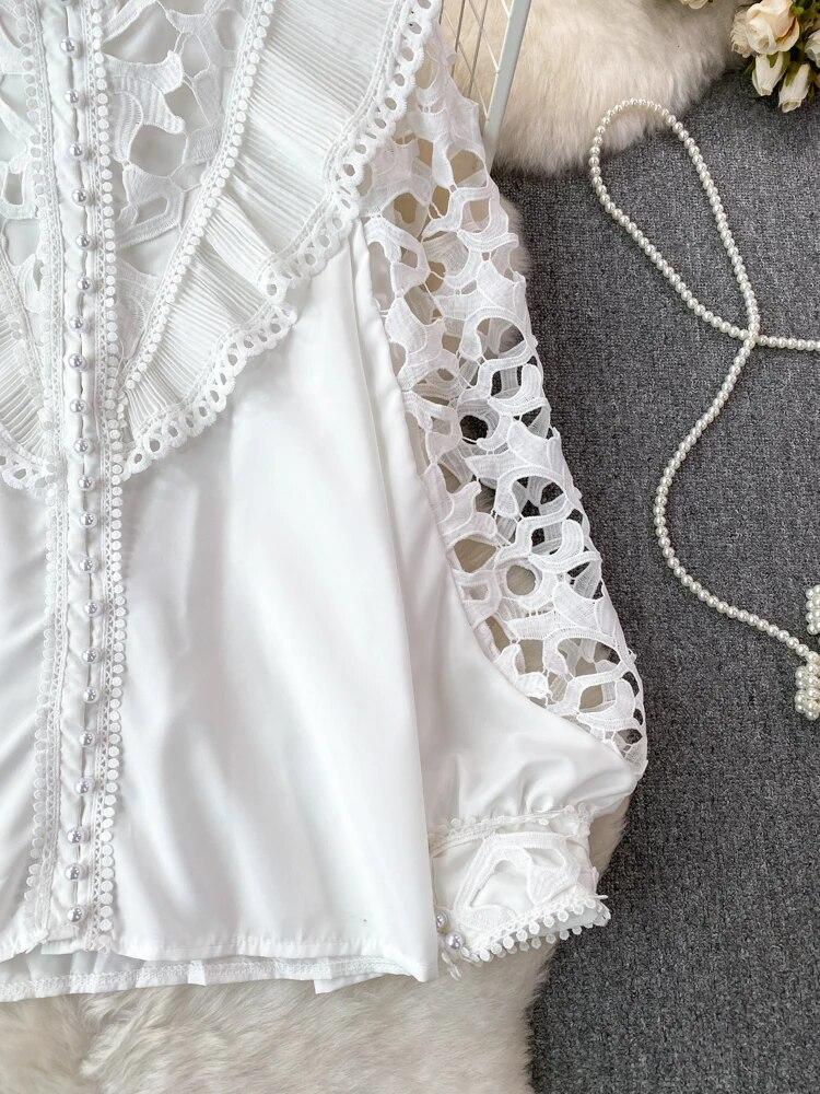 Винтажная блузка в стиле суда для женщин, с воланами, ажурные кружевные лоскутные рубашки с длинными рукавами-фонариками, женские блузки, Прямая поставка