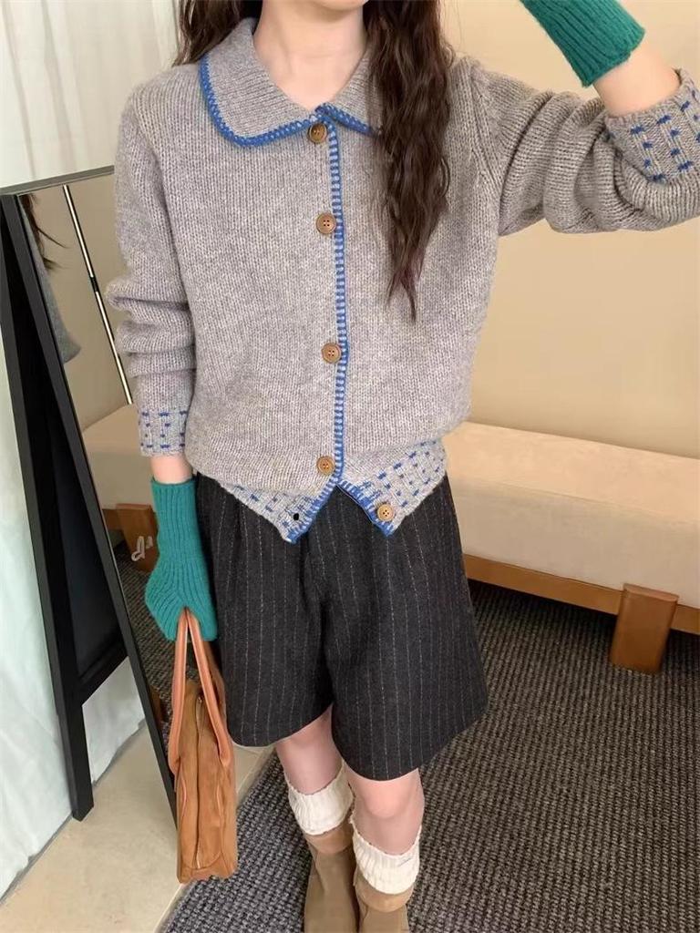 Женский кардиган в корейском милом стиле с цветными блоками - отложной воротник, приталенный, однобортный вязаный свитер на весну/осень