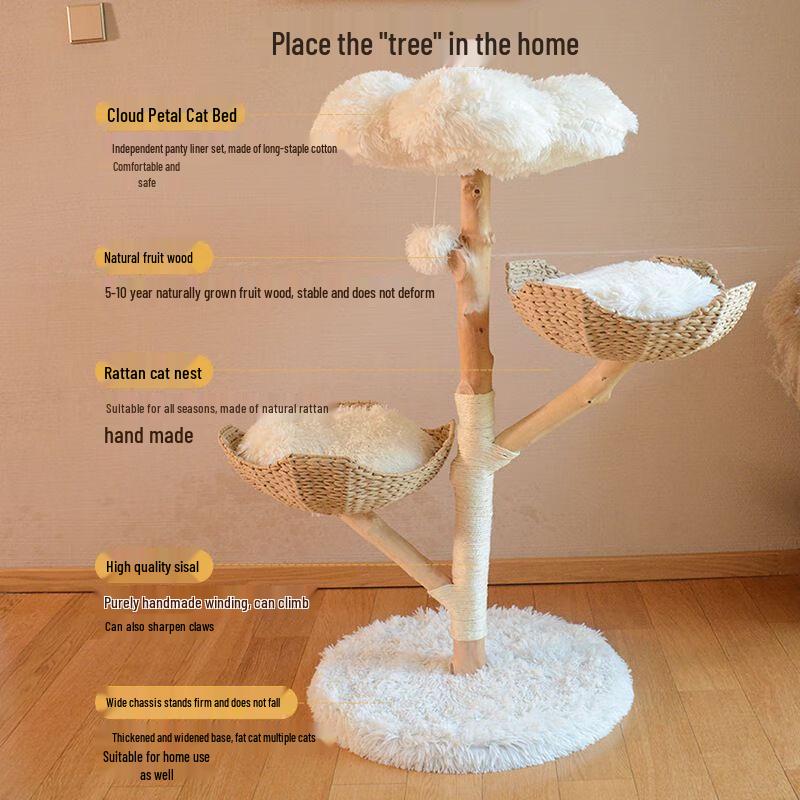 Geshenlang Solid Wood Cat Tree with Rattan Nests