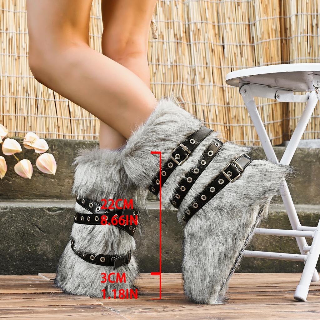 Модные ботинки из искусственного меха Женские зимние сапоги для снега Роскошные пушистые короткие ботинки Теплые уютные до середины икры Женские ботинки с перекрестными ремнями и пряжками Большого размера