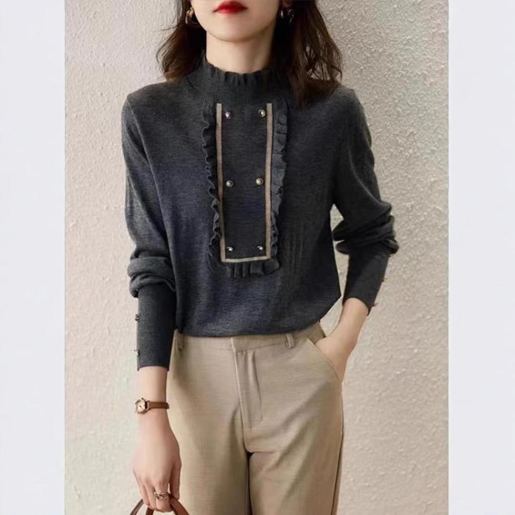 Женская вязаная базовая рубашка с полувысоким воротником для осени и зимы, новый приталенный топ с длинным рукавом в ретро-леностном стиле, свитер