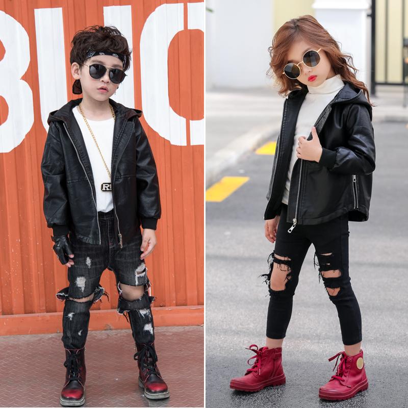 Детская одежда, кожаные куртки для мальчиков и девочек, весенне-осенние тонкие и зимние флисовые куртки с капюшоном на молнии в корейском стиле