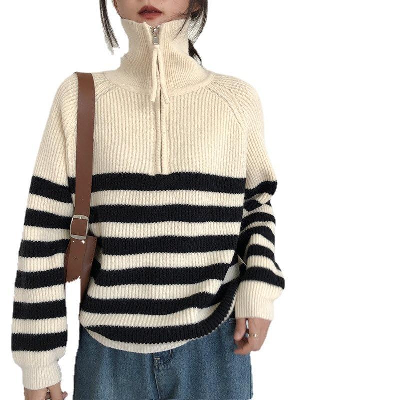 Fashion Lazy Han Fu Antique Version Turtleneck Contrasting Stripes Half Zipper Pullover Sweater Women's Autumn and Winter Wear Versatile Models