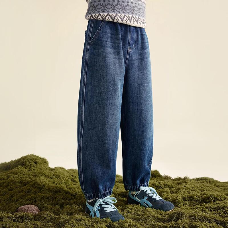 Boys' Fleece-Lined Cartoon Embroidered Denim Joggers