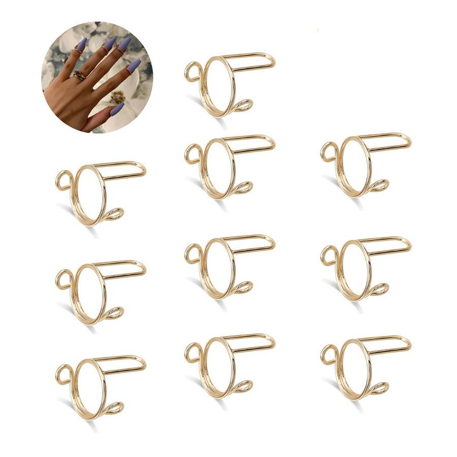 10Pcs Detachable Press On Nails With Metal Finger Rings, Reusable Fake Nails Kit For Daily Wear Nail Art Decorations