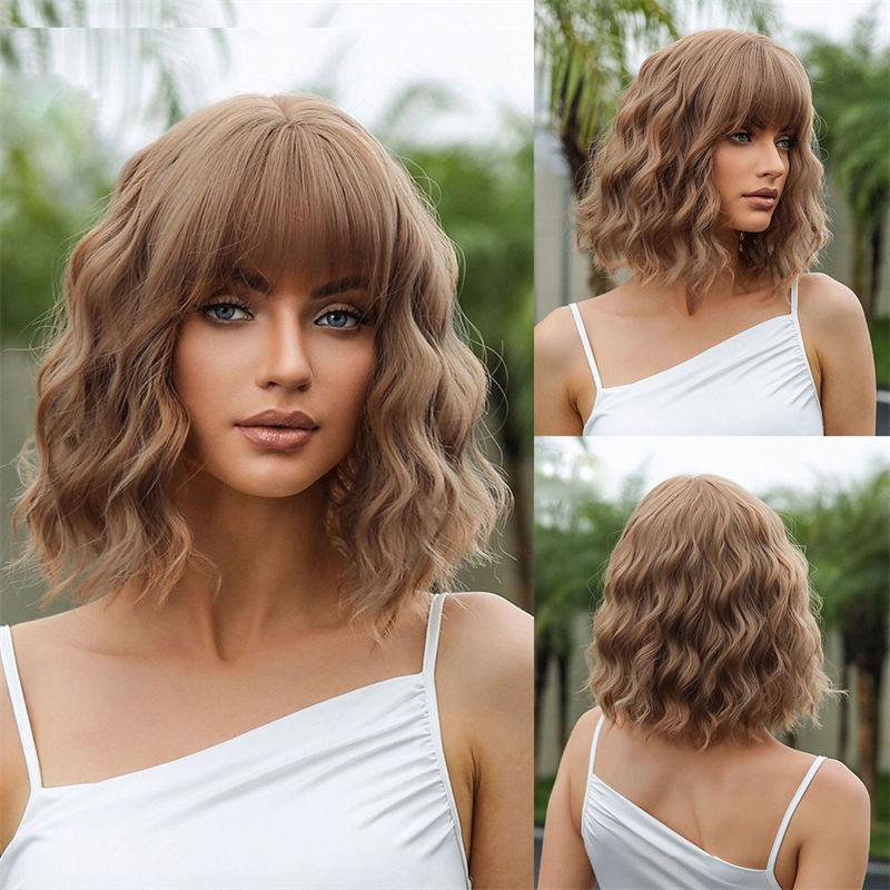 Breathable Light Curly Hair Summer Light Wave Head Bangs Short Wig Hair Cover Chemical Fiber Brown Natural