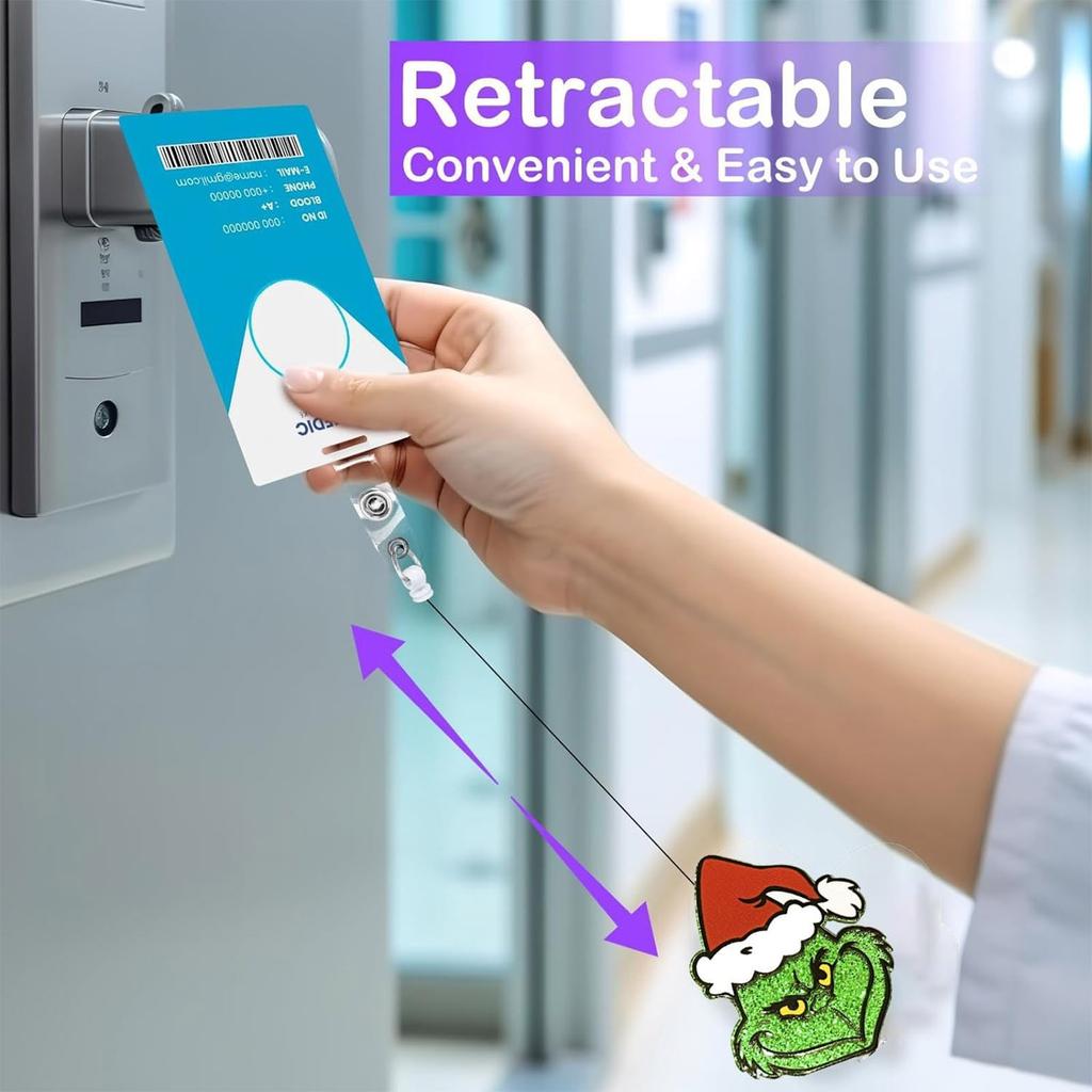 Christmas Cute Badge Reel Retractable Glitter Santa Name Tag Badge Holder For Teacher Student