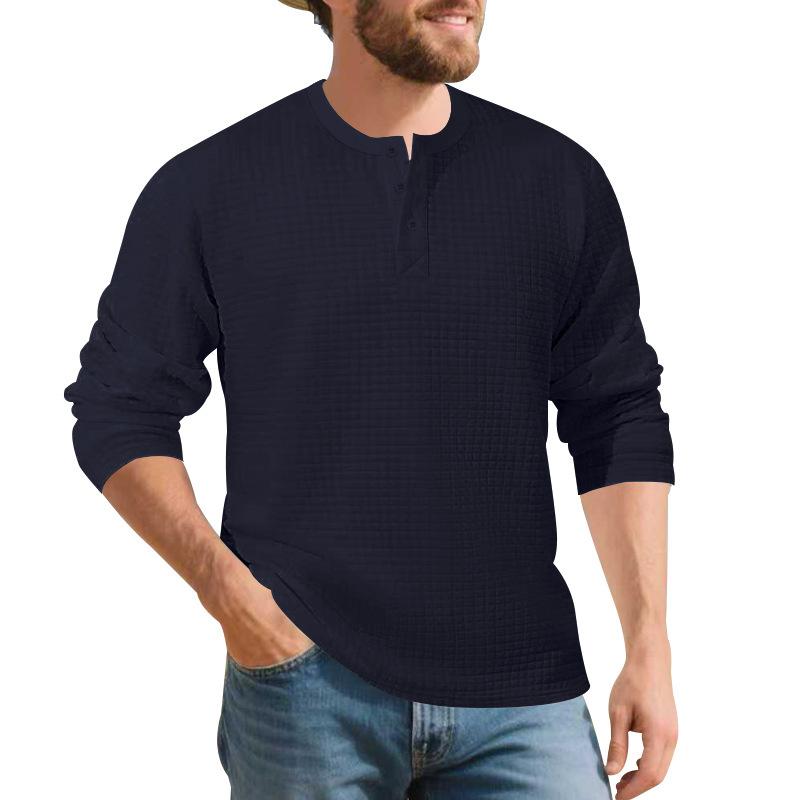 Mens Vintage Buttoned Henley Long Sleeve T Shirt Loose Fit Jacquard Autumn Winter