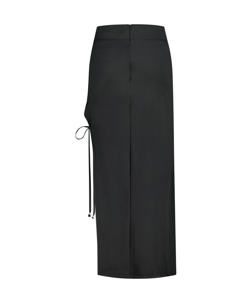 Aejeuyua Cut-Out Ribbon Long Skirt Black
