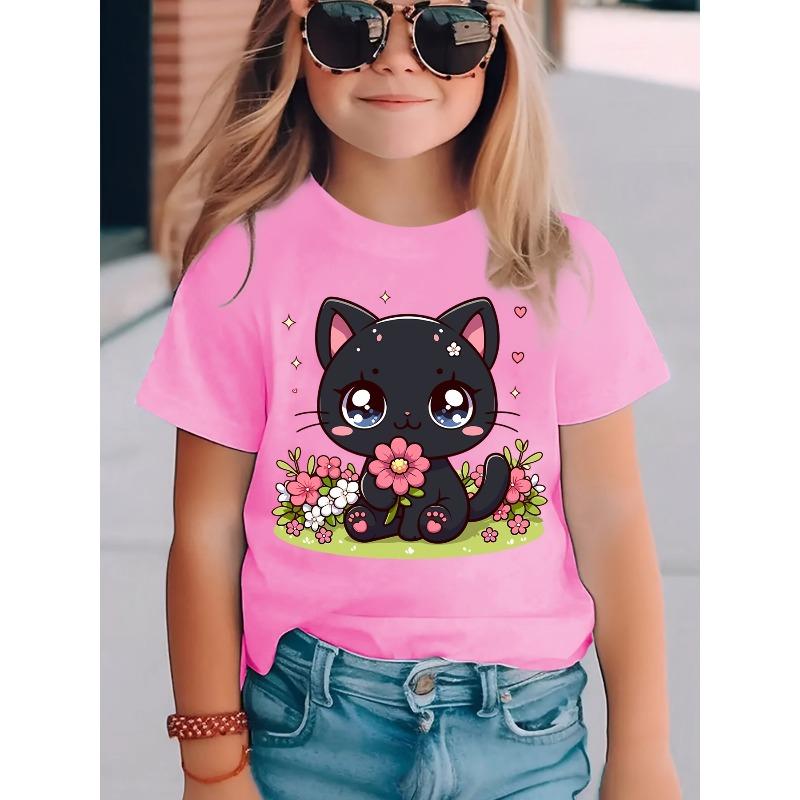 European sizes Summer Fashion Short-Sleeve T-Shirt for Girls Featuring a Cartoon Print of a Kitten Holding Flowers, Casual Top
