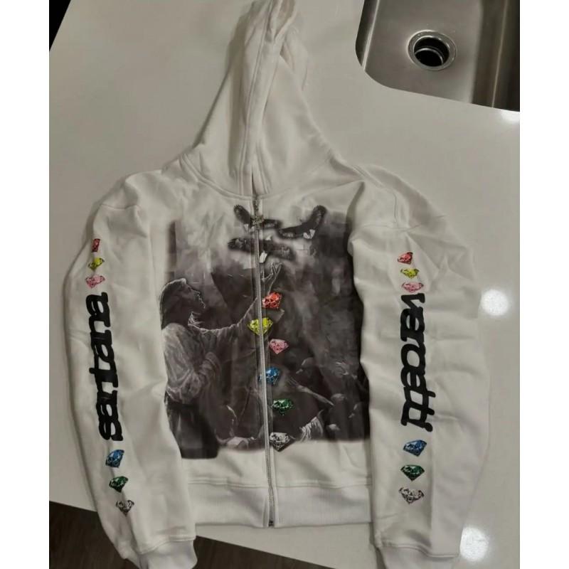 American Retro Harajuku Street Gothic Hip Hop Cartoon Print Zip Up Hoodie Loose Sweatshirt