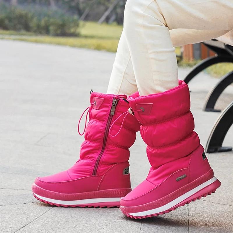 White Women Boots Winter Shoes Warm Plush Mid-calf Boots Waterproof Rubber Non-slip Platform Snow Boots Female Plus Size 42