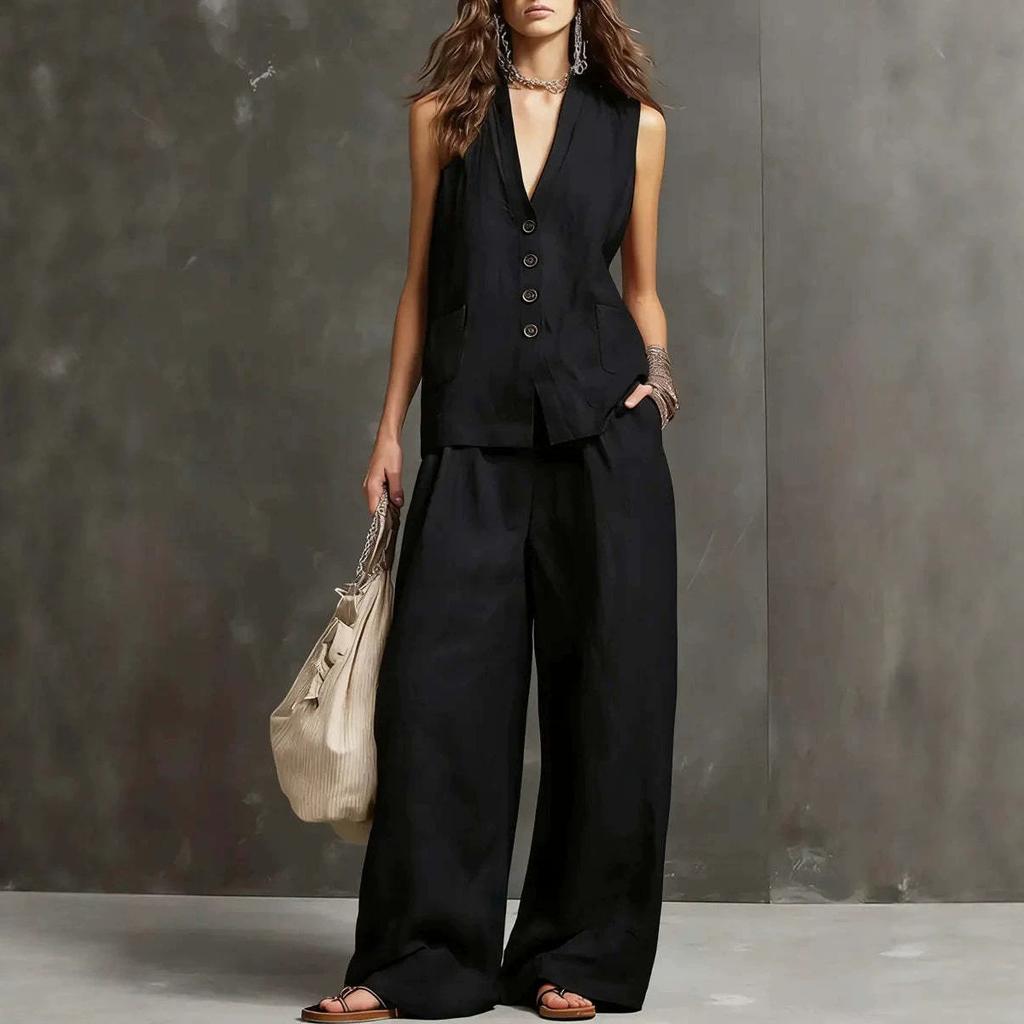 2026 European and American cross-border Amazon new women's sleeveless vest vest wide-leg pants cotton and linen two-piece women's clothing