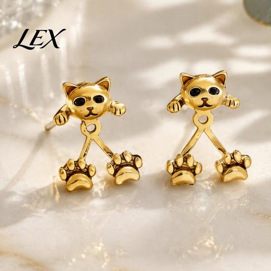 Creative Pet Themed Jewelry 1 Pair Cute Cat Paw Earrings for Women, Vintage Front Back Stud Earrings, Small Kitten Gift Lovers Silver Tone Studs