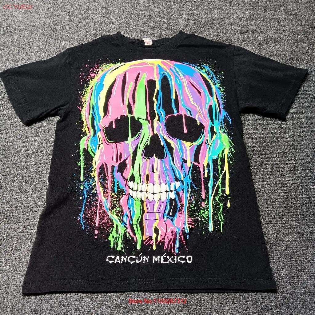 Cancun Mexico T Shirt Adult Small Black Skull Logo Neon Paint Drip Vibrant Vintage Casual Versatile