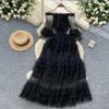 French Pleated Waisted Flared Sleeve Mesh Cake Dress Women Temperament Elegant Gown Long Dress