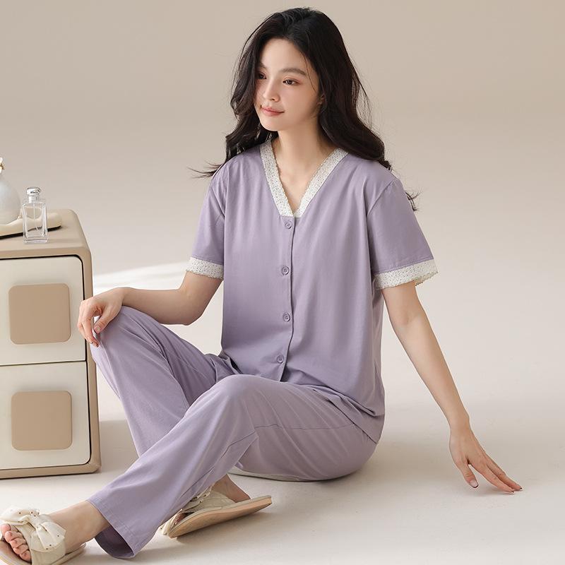 Cardigan pajamas women's summer pure cotton short-sleeved trousers can be worn outside summer women's elegant temperament loungewear suit
