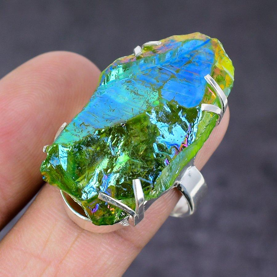 Павлин Титановая Аура Драгоценный камень 925 Стерлинговое серебро Ювелирное кольцо Размер 9