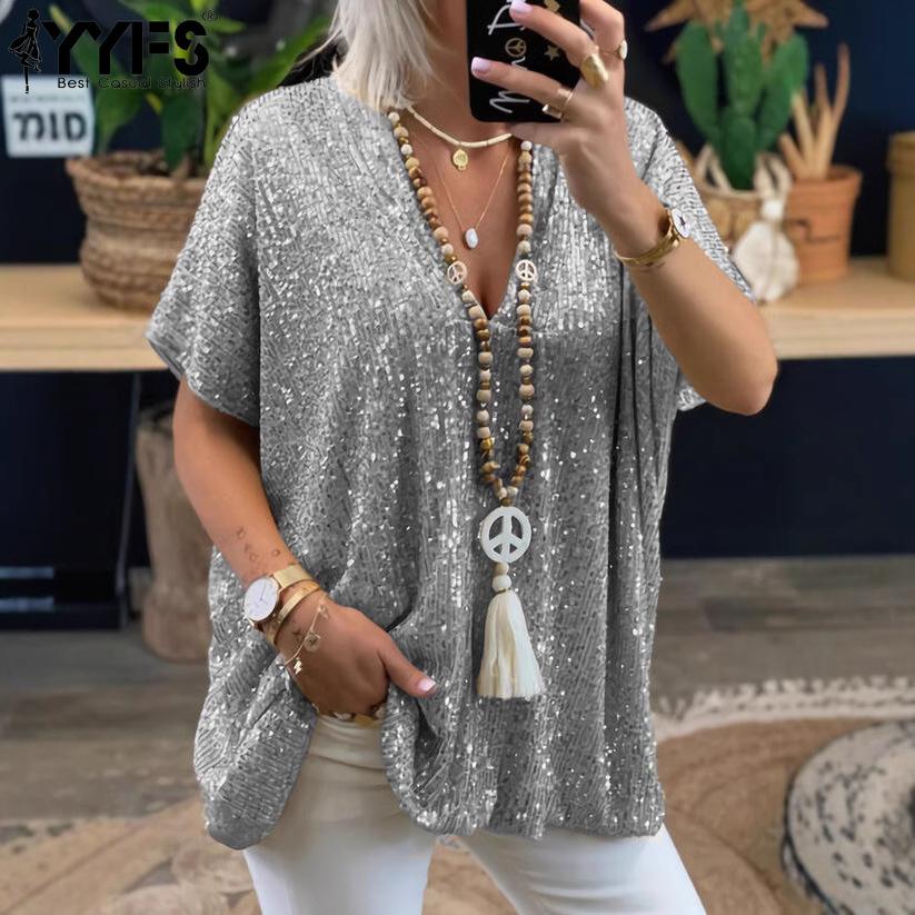 YYFS Женские модные повседневные летние весенние однотонные блузки и рубашки с v-образным вырезом и короткими рукавами с принтом