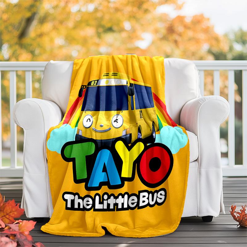 1pc Tayo The Little Bus2 Theme Soft Flannel Throw Blanket - Digital Print, Polyester, Cozy for All Seasons, Perfect for Outdoor, and Travel