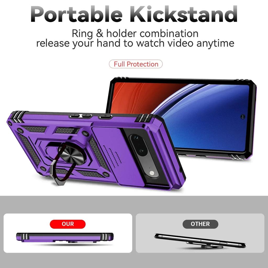 Противоударный гибридный двухслойный магнитный металлический чехол-подставка с кольцом для Google Pixel 8 7A Pro 6 6A Slide Camera Lens Protective Cover